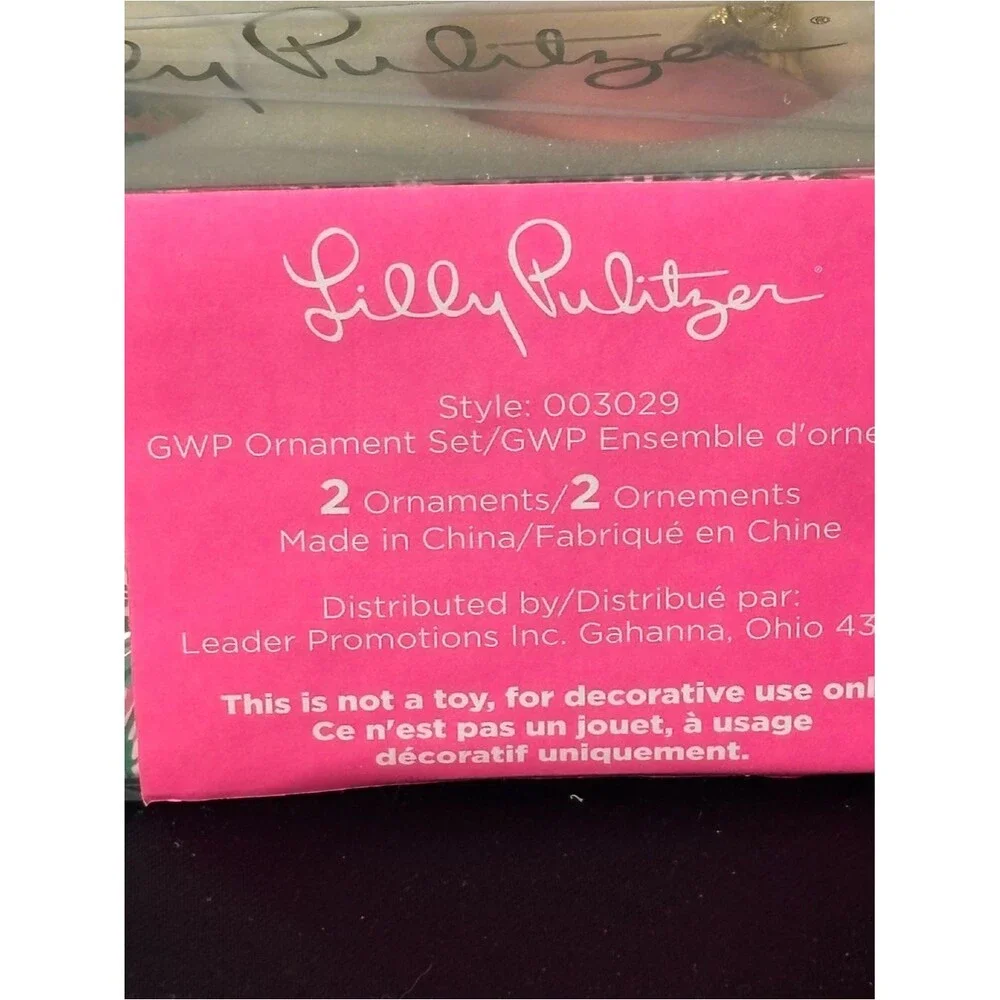 Lilly Pulitzer Christmas Ornaments Set of 2 Pink Floral Glass Baubles New in box